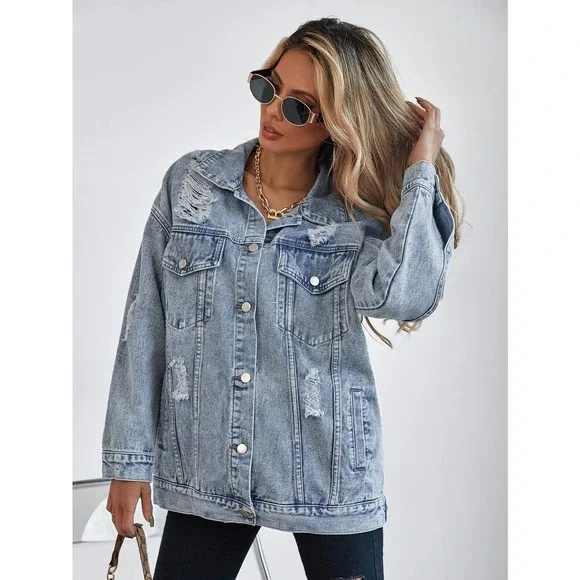 Oversized distressed ripped Front Flap Pocket Drop Shoulder Denim jean Jacket - Picture 5 of 7